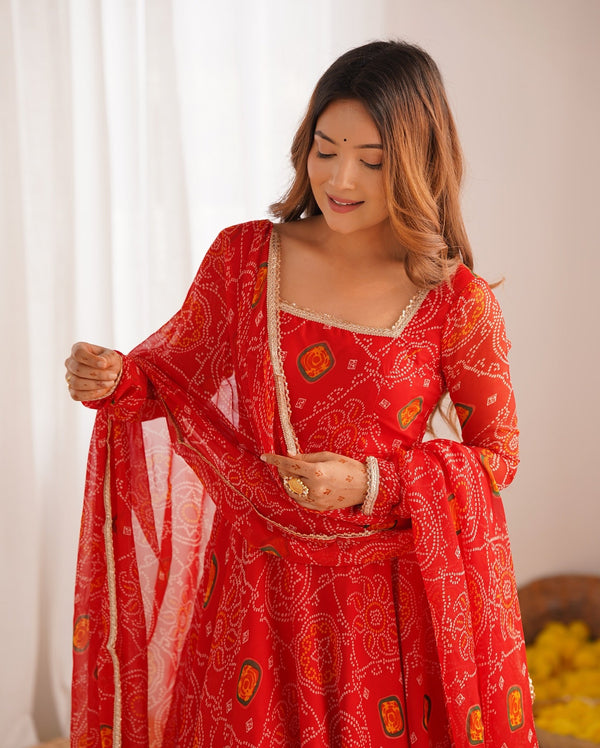 Pure Soft Chiffon Bandhej Anarkali Gown Set