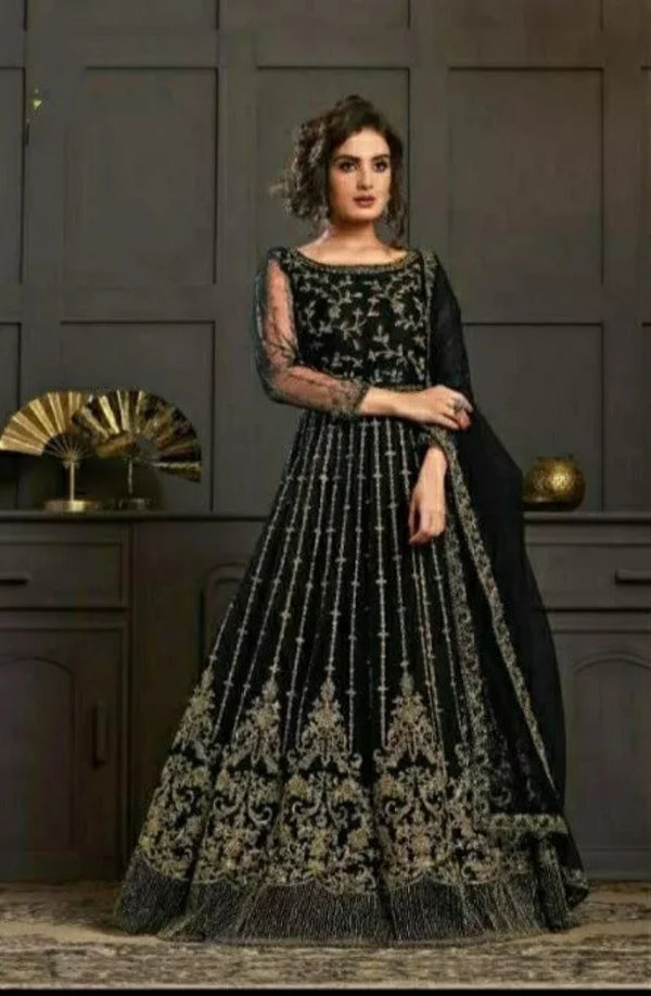 Premium Net Fabric Embroidery Work Gown Set