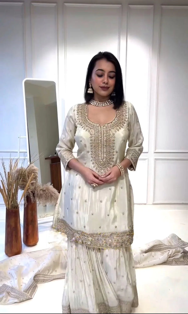 White Color Chinnon Silk Embroidery Sharara Suit