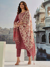 Brown Cotton Silk Embroidered with Print Work Pant Style Suit